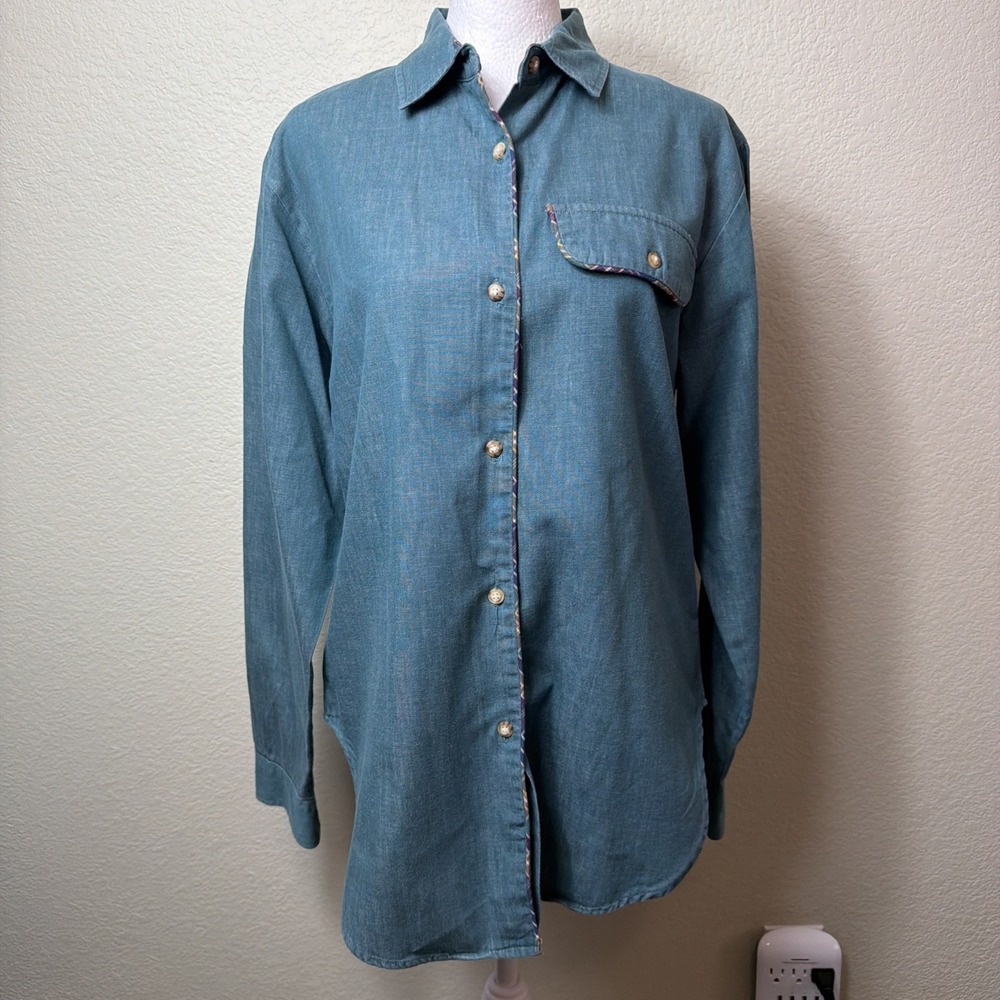 Northeast Outfitters Shirt Small Blue Denim Chambray Plaid Trim Long Sleeve